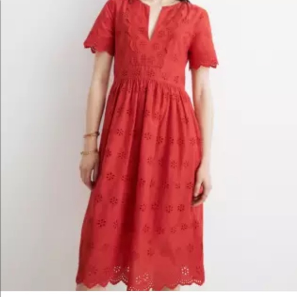 Madewell Dresses & Skirts - Madewell Red airy Eyelet with scalloped edges midi dress. NWT.